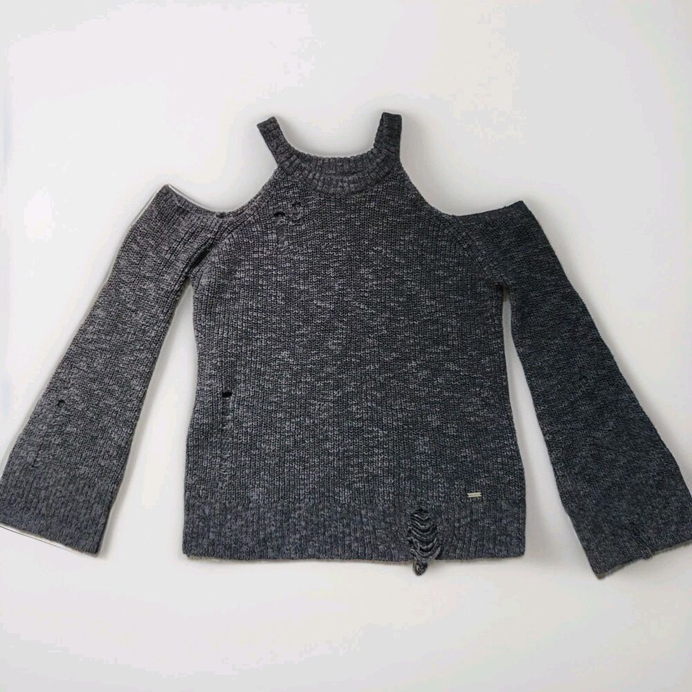 American Eagle Cold Shoulder Sweater Gray Knit Distressed Womens M Cozy EUC - Picture 1 of 8